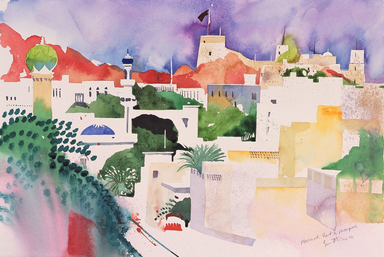 Muscat Fort og moskeer, 2004 (akvarell på papir) av Simon Fletcher