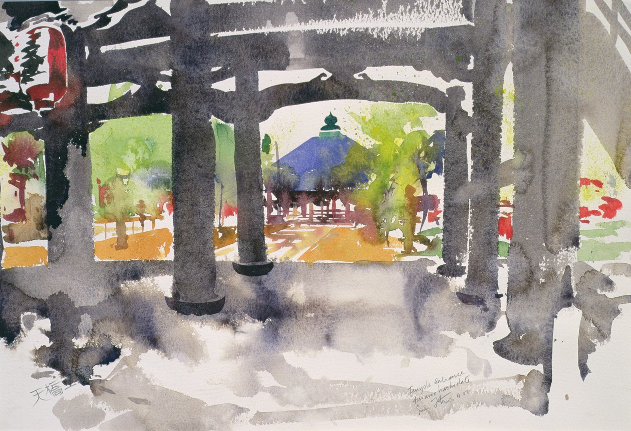 Tempelinngangen, Amanohashidate (akvarell på papir) av Simon Fletcher