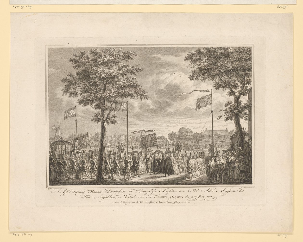 Farvel til Willem V og hans kone på Buiten Amstel, 1768 Farvel til deres fredelige og kongelige høyheter van den Ed: Achtb: sorenskriver i byen Amsteldam, og den Buiten Amstels avgang, 4. juni 1768 (tittel på objekt) Bilde av Simon Fokke