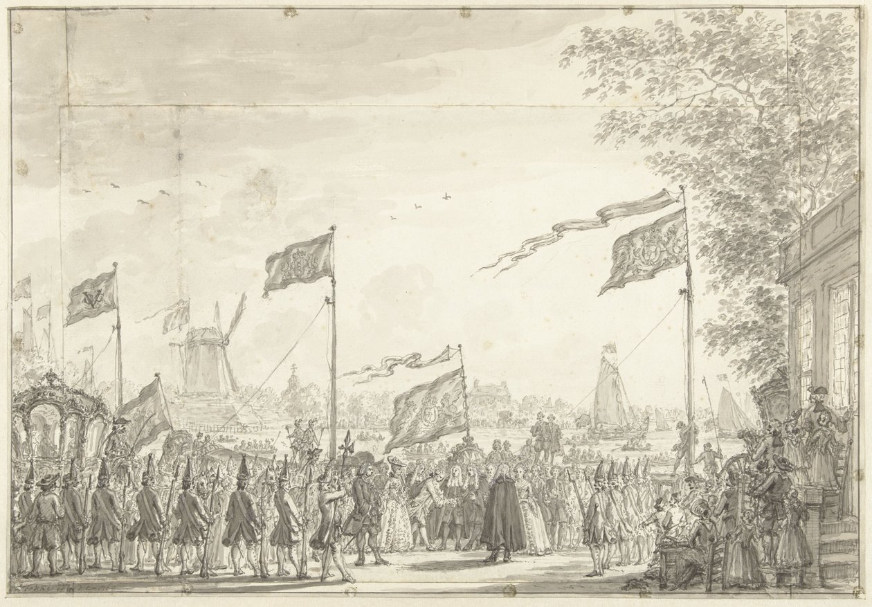 Farvel til Willem V og hans kone på Buitenamstel, 1768 av Simon Fokke