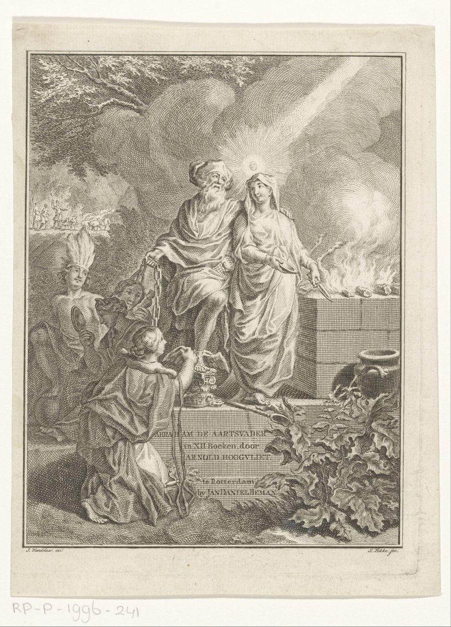 Allegorisk tittelside med patriark Abraham og sannhet Tittelside for: Arnold Hoogvliet, patriarken Abraham, i XII Boeken, s.a. av Simon Fokke