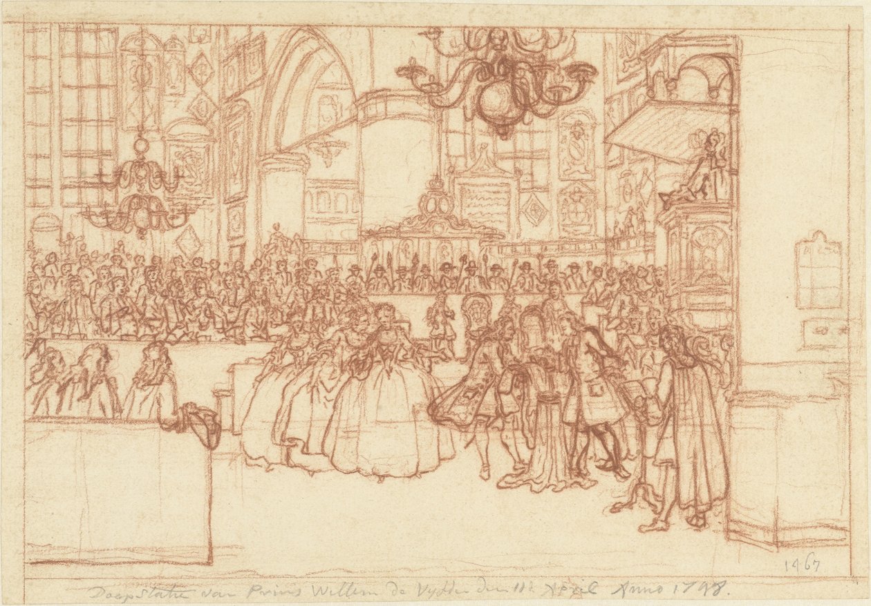 Dåp av prins William V, 1748 Dåp av prins Willem de Vyfde 11. april anno 1748 (tittel på objekt) av Simon Fokke