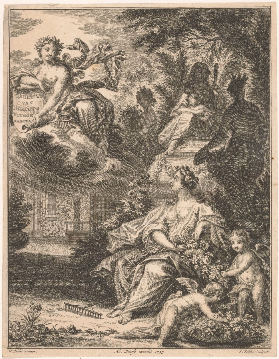 Flora i en hage Tittelside for: Tielman van Bracht, Tuingedagen. I seks kurs, 1754 av Simon Fokke