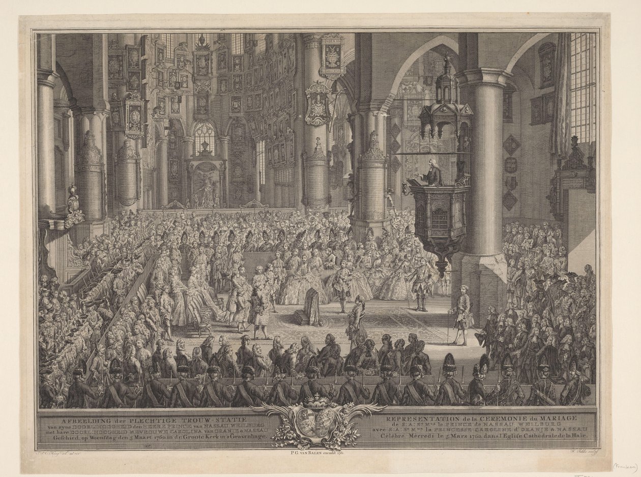 Ekteskap av Karel Christian van Nassau-Weilburg med prinsesse Carolina, 1760 Skildringen av den høytidelige bryllupsseremonien til (...) prins van Nassau Weilburg med (...) Carolina van Oranje & Nassau fant sted onsdag 5. mars 1760 i Groote Kerk in 