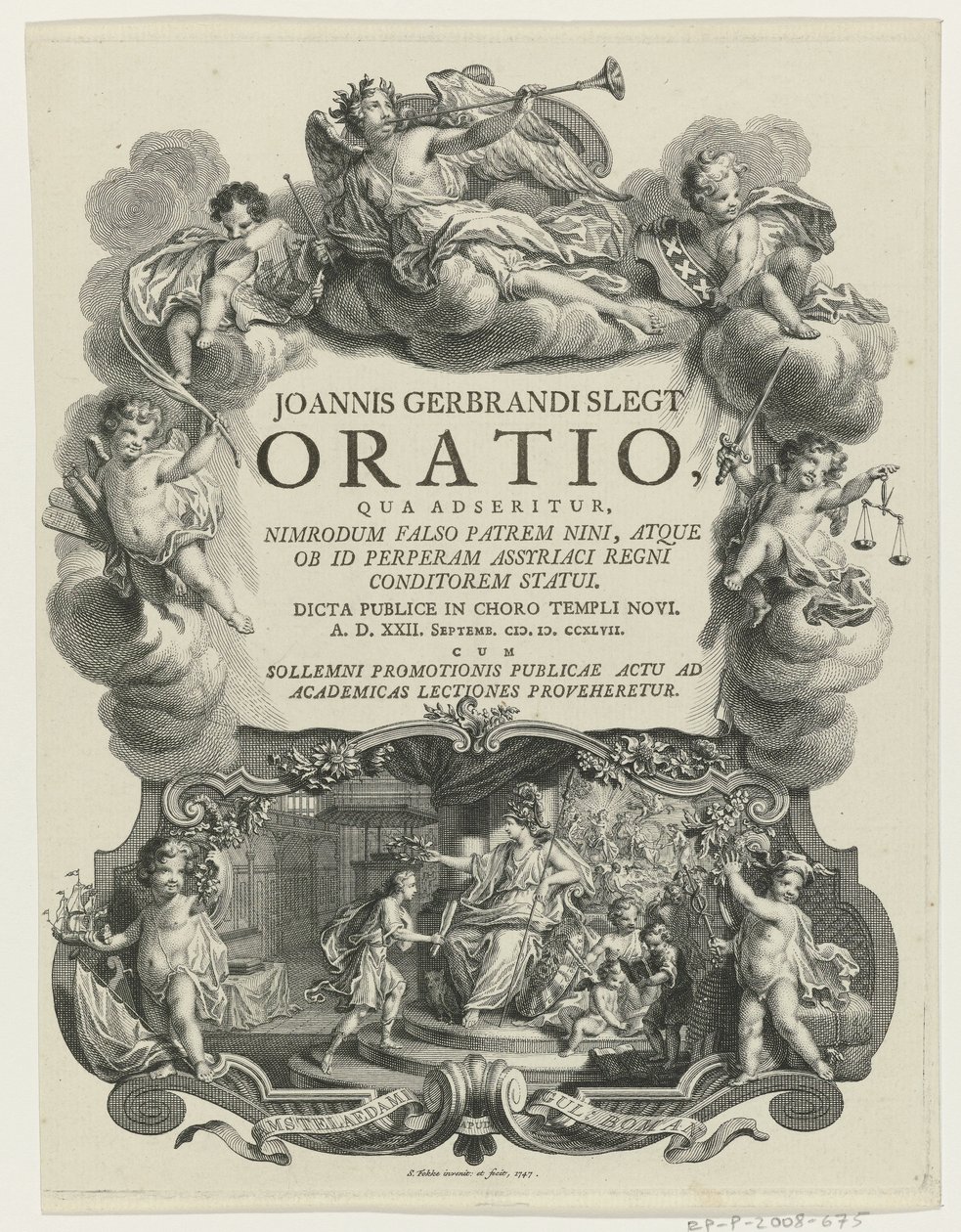 Minerva lauwert en jongeman met bul Tittelside for: J.G. Slegt, Oration der det hevdes at Nimrod feilaktig er faren til Nina (...), 1747 av Simon Fokke