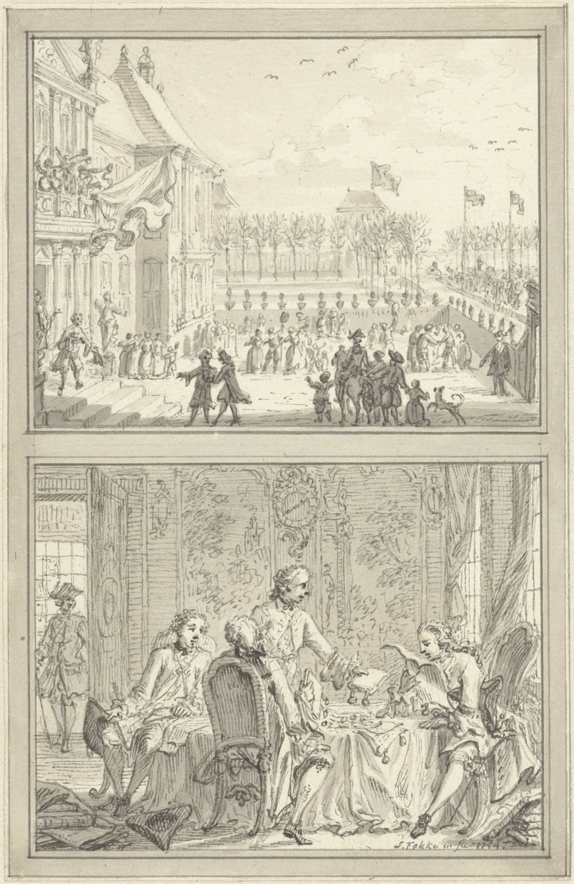 Honselaarsdijk-palasset skifter eier / Salg av de prøyssiske herredømmene til Anna van Hannover, 1754 av Simon Fokke