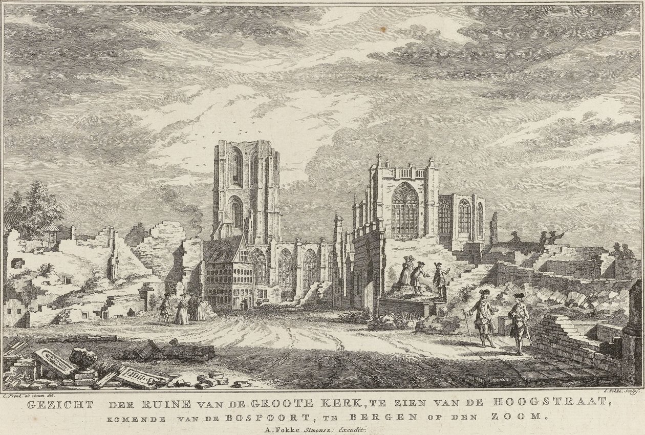 Ruin av Bergens store kirke op Zoom, 1748 Utsikt over ruinene av Groote Kerk, sett fra Hoogstraat, kommer fra Bospoort, i Bergen op den Zoom (tittel på objekt) Ti ansikter av ruinene etter beleiringen og ødeleggelsen av Bergen op Z av Simon Fokke