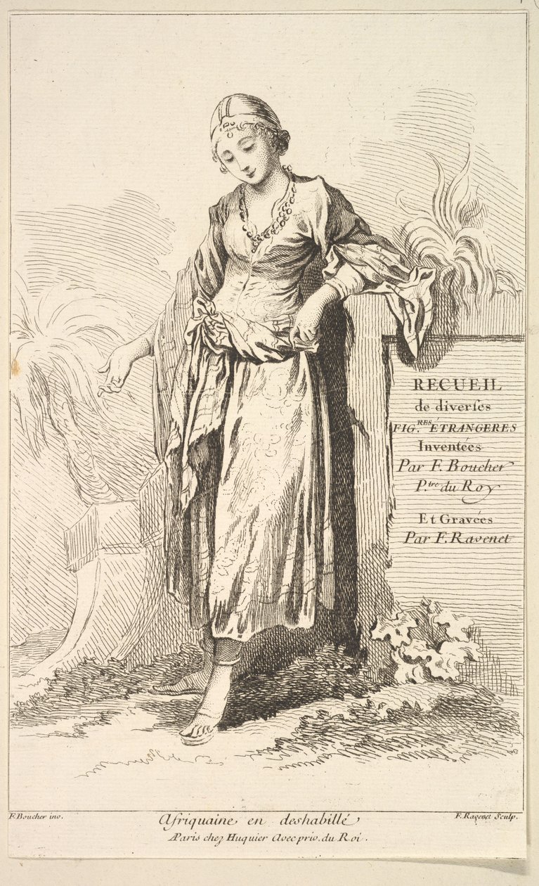 Afrikansk kvinne i negligé, fra Samling av ulike utenlandske figurer Oppfunnet av..., 1700-tallet. av Simon Francois Ravenet