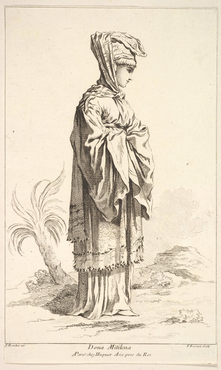 Dona Mitilena, fra Samling av forskjellige utenlandske figurer Oppfunnet av F. Bouche..., 1700-tallet. av Simon Francois Ravenet