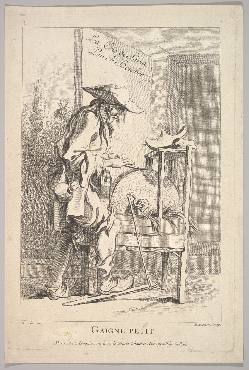 Frontispice: Gaigne Petit, fra Le Cris de Paris The Cries of Paris, plate 1, 1700-tallet. av Simon Francois Ravenet