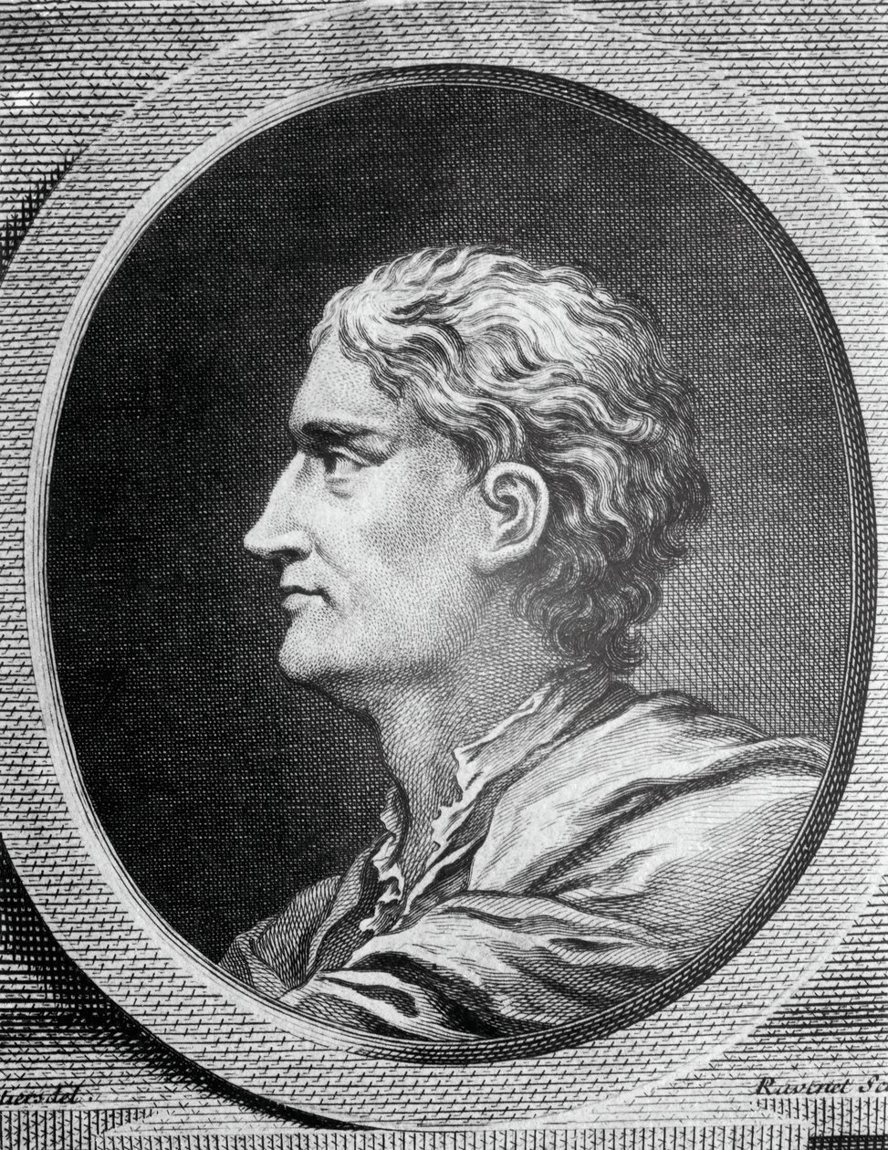 Portrett av Isaac Newton (1642-1727), engelsk fysiker og matematiker, gravering av Simon Francois Ravenet (1706-1774) av Simon Francois Ravenet