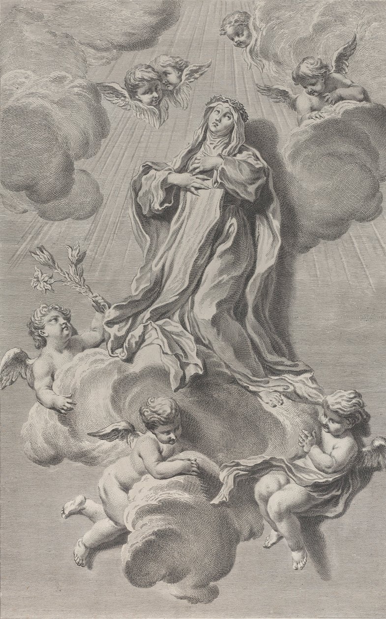 Ekstasen til Saint Catherine av Siena, knelende på en sky båret av engler, en av ..., 1729-40. av Simon Francois Ravenet
