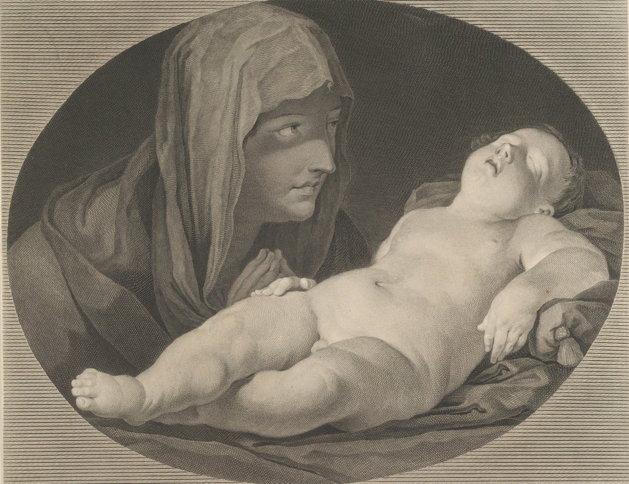 Jomfruen i bønn, ser på det sovende spedbarnet Kristus, i en oval ramme, etter Reni,..., 1765. av Simon Francois Ravenet
