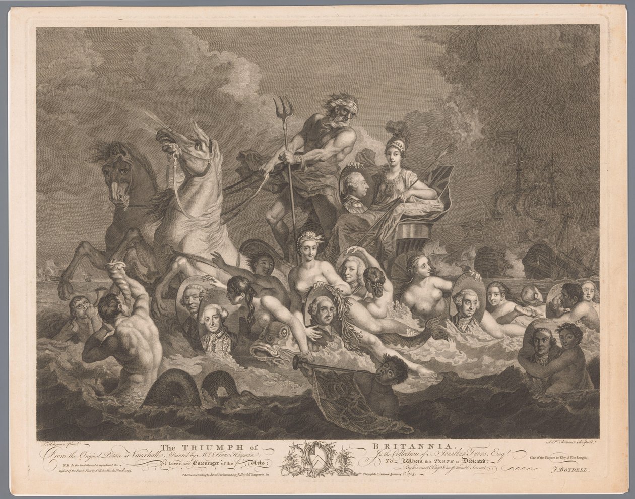 Allegori om den britiske marinen og seieren over den franske flåten The Triumph of Britannia (tittel på objekt) av Simon François Ravenet (le vieux)