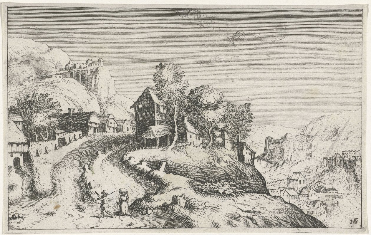 Landsby i et fjellandskap Ulike landskap (serietittel) Topographia variarum regionum (serietittel) av Simon Frisius (attributed to)