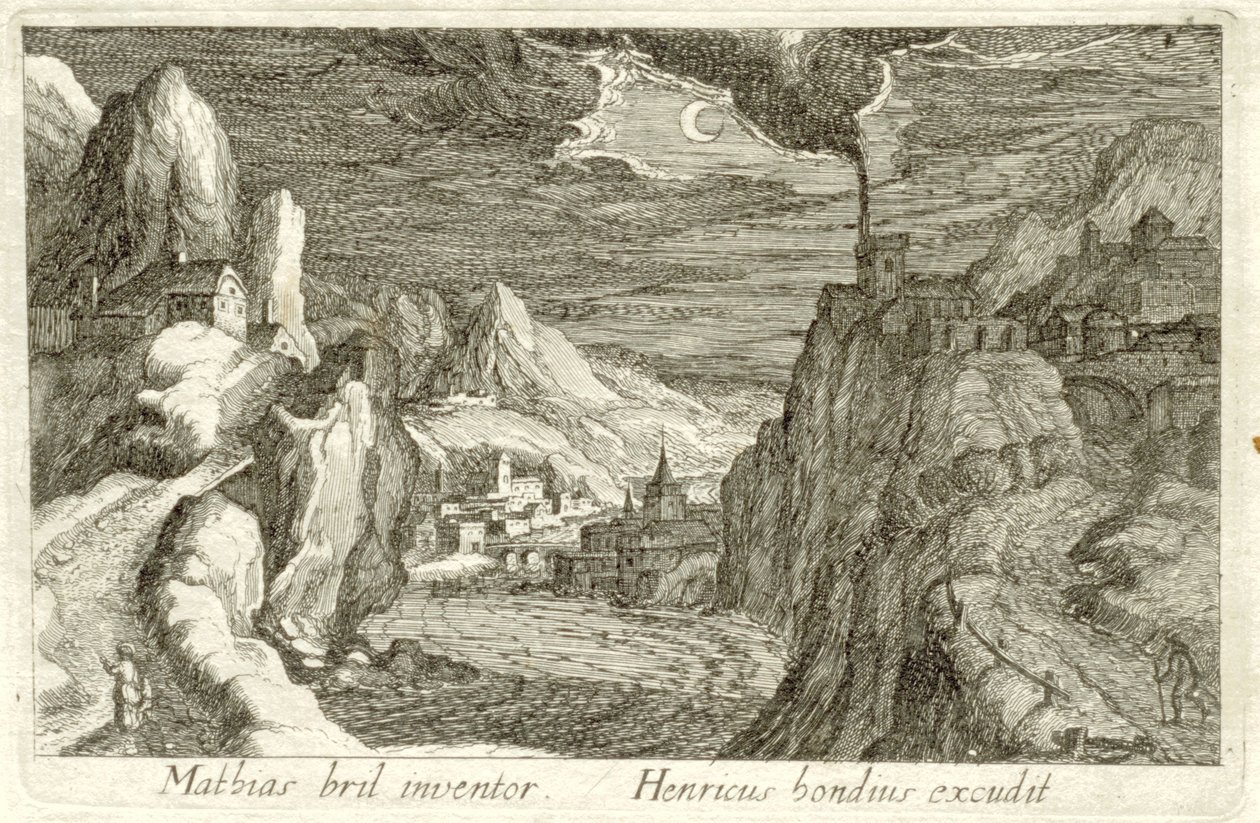 Elvelandskap ved måneskinn Ulike landskap (serietittel) Topographia variarum regionum (serietittel) av Simon Frisius (attributed to)
