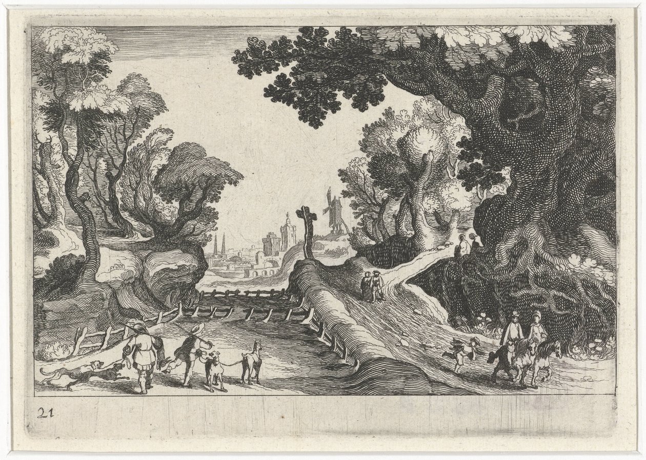 Skoglandskap med kryss langs sti Sør-europeiske landskap (serietittel) Topographia variarum regionum (serietittel) av Simon Frisius