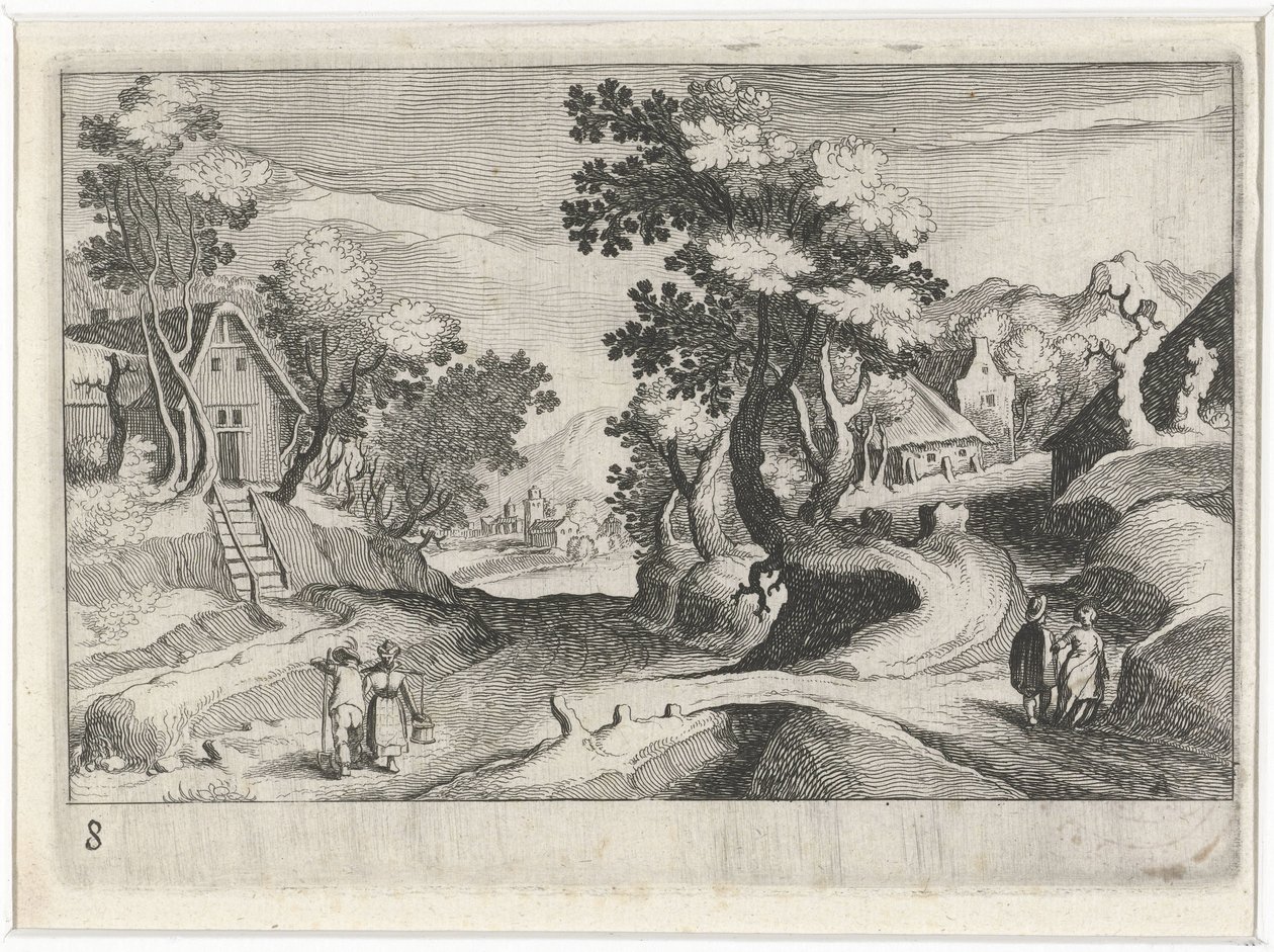 Skogkledd kupert landskap med bygninger og figurer Sør-europeiske landskap (serietittel) Topographia variarum regionum (serietittel) av Simon Frisius