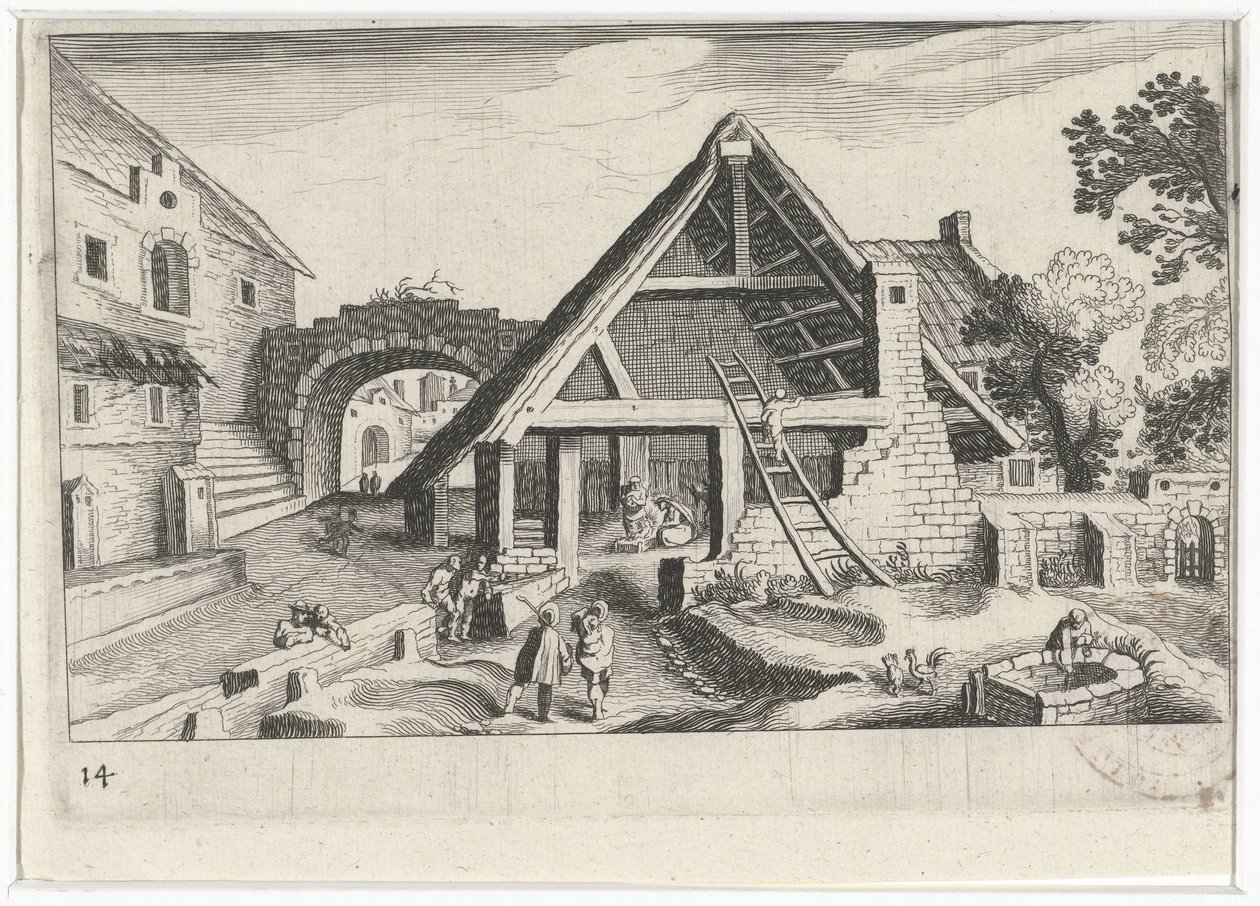 Utsikt over landsbyen med den hellige familie Sør-europeiske landskap (serietittel) Topographia variarum regionum (serietittel) av Simon Frisius