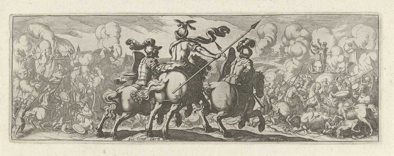 Tre cavaleristen bij een veldslag med olifanten Kavaleri (serietittel) Faecvnda hva er den elskede av Phaebus og den takknemlige Florentia til menn av ivrig geni, nok er vist av pvgnas, enthea av kraften til brystene som Mercury skåret den erfarne klienten av Simon Frisius