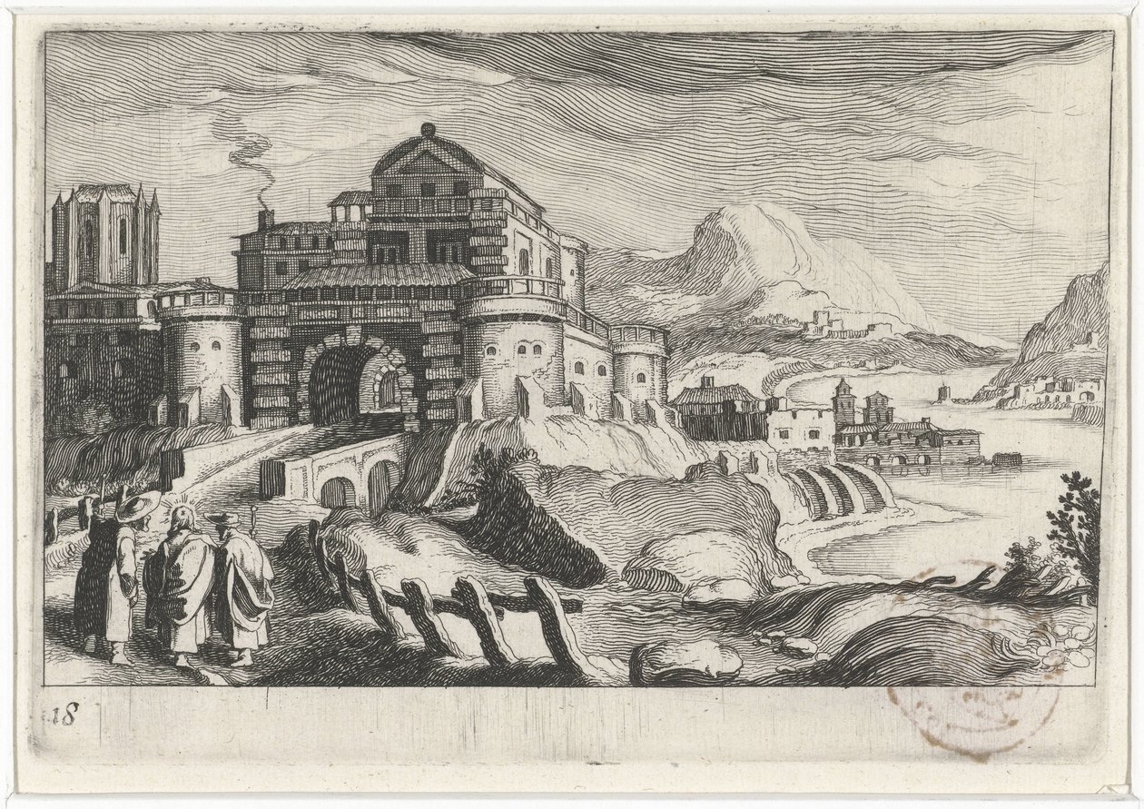 Emmäus-folk foran en byport i et fjellandskap Sør-europeiske landskap (serietittel) Topographia variarum regionum (serietittel) av Simon Frisius