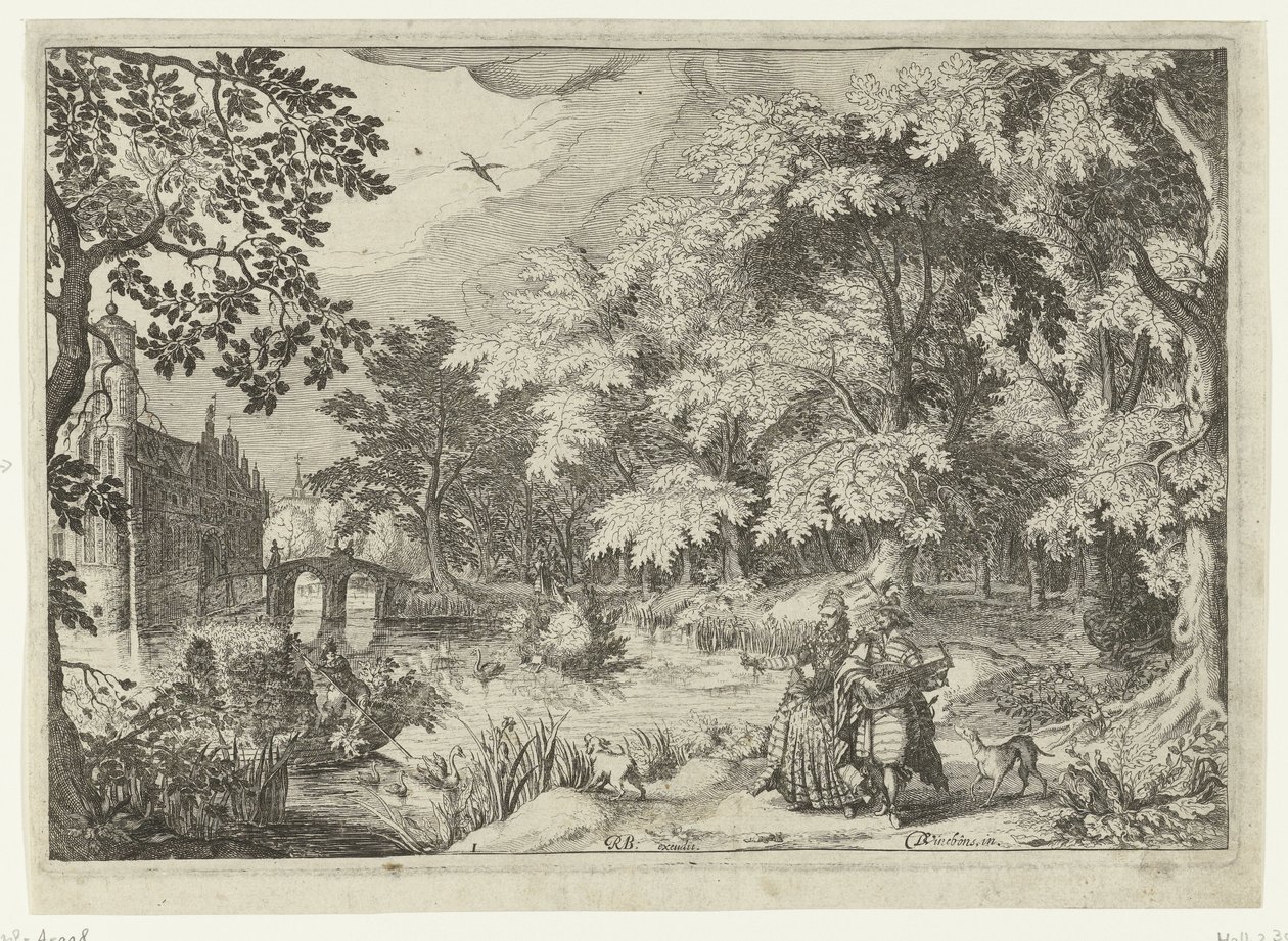 Utsikt over en skog med Loenersloot Castle Landskap med figurer (serietittel) av Simon Frisius