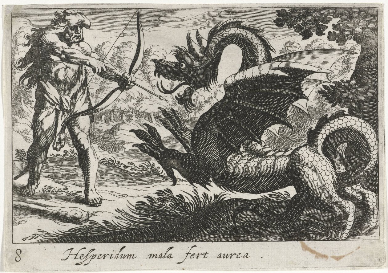 Hercules dreper dragen Ladon Hesperidum mala fert aurea (tittel på objekt) Herculean Themes (serietittel) av Simon Frisius