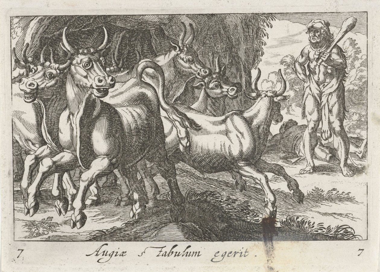 Hercules hoedt de kudde van Geryon egerit Augiae stabil (tittel på objekt) Herculische temaer (serietittel) av Simon Frisius