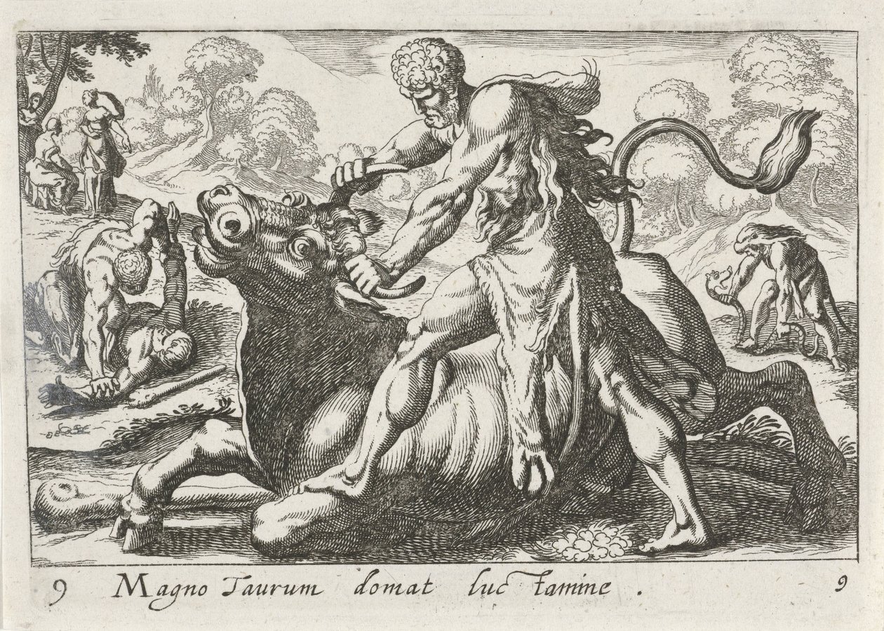 Hercules i kamp med Achelous den store temmer oksen med lys (tittel på objekt) Herculisches tema (serietittel) av Simon Frisius
