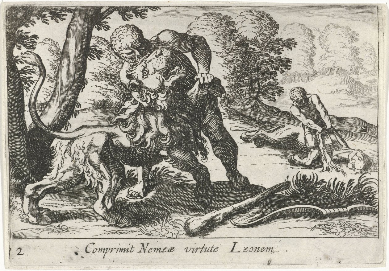 Hercules kjemper mot Nemean-løven Comprimit Nemeae virtute Leonem (tittel på objekt) Herculean Themes (serietittel) av Simon Frisius