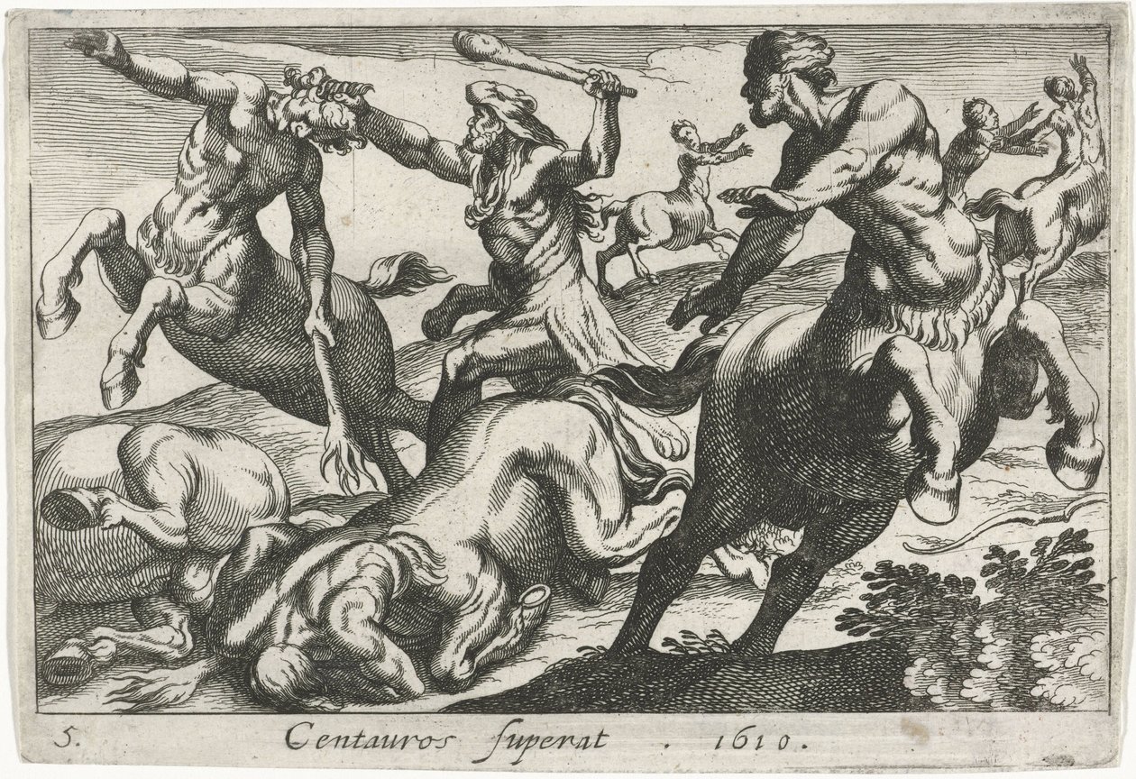 Herkules kjemper mot kentaurene Centauros superat (tittel på objekt) Herculean Themes (serietittel) av Simon Frisius