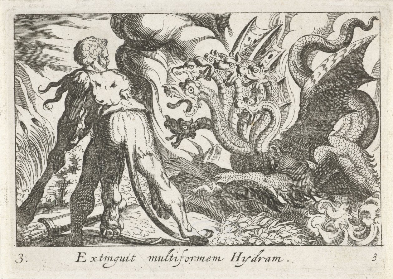 Hercules kjemper mot hydraen til Lerna Extinguit multiform Hydram (tittel på objekt) Herculean Themes (serietittel) av Simon Frisius