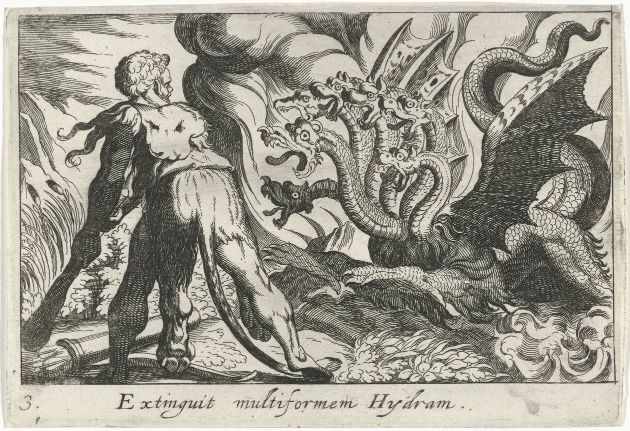 Hercules kjemper mot hydraen til Lerna Extinguit multiform Hydram (tittel på objekt) Herculean Themes (serietittel) av Simon Frisius