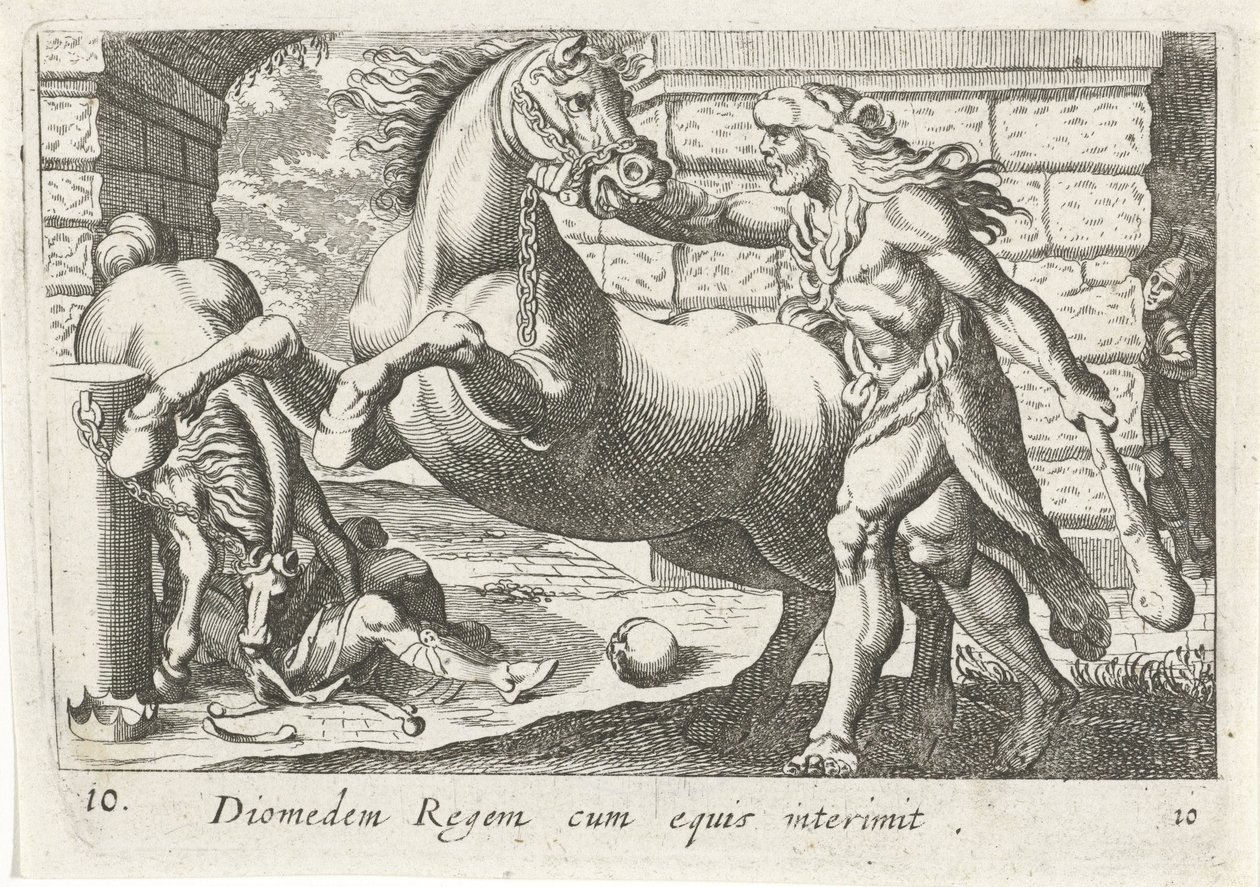 Hercules temt de paarden van Diomedes Kong Diomedes med hester (tittel på objekt) Herculische temaer (serietittel) av Simon Frisius