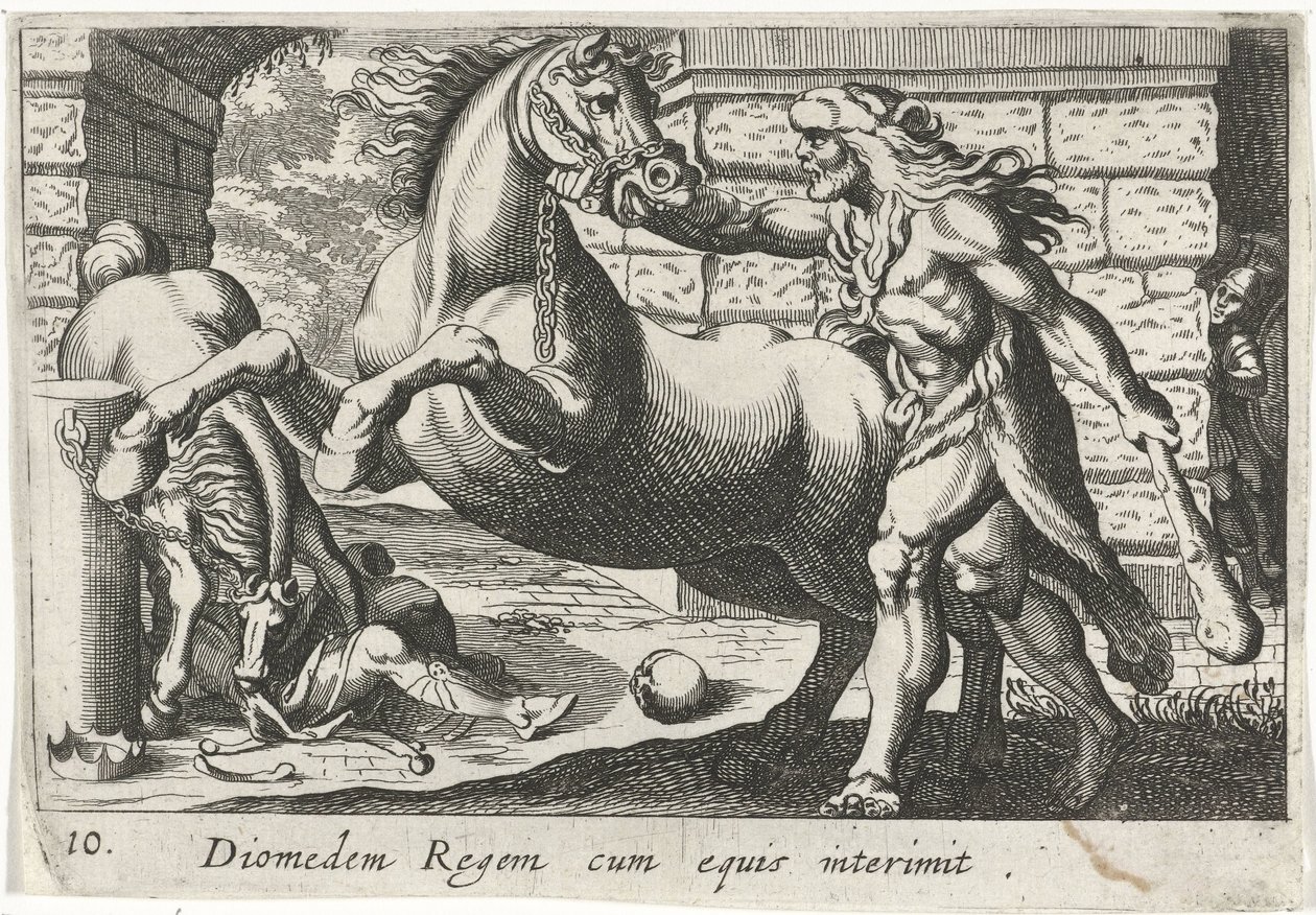 Hercules temt de paarden van Diomedes Kong Diomedes med hester (tittel på objekt) Herculische temaer (serietittel) av Simon Frisius