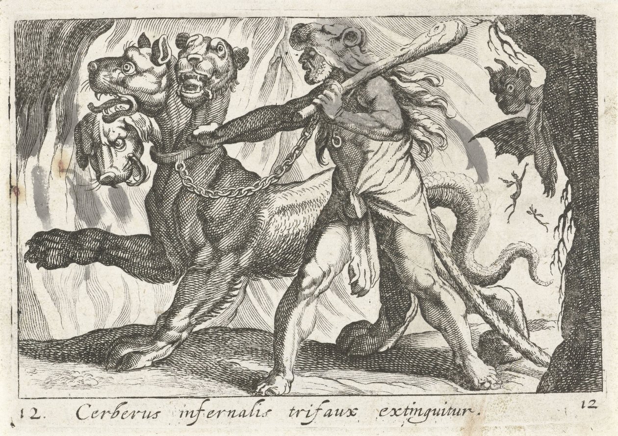 Herkules hevner Cerberus Cerberus infernal trifaux er slukket (tittel på objekt) Herculische temaer (serietittel) av Simon Frisius