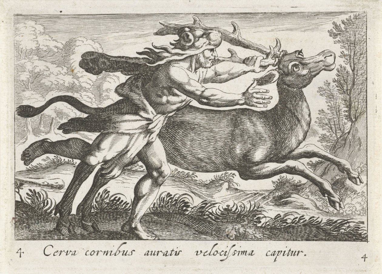 Hercules vangt de Hind van Cerynea En hjort med gullhorn fanges veldig raskt (tittel på objekt) Herculische temaer (serietittel) av Simon Frisius