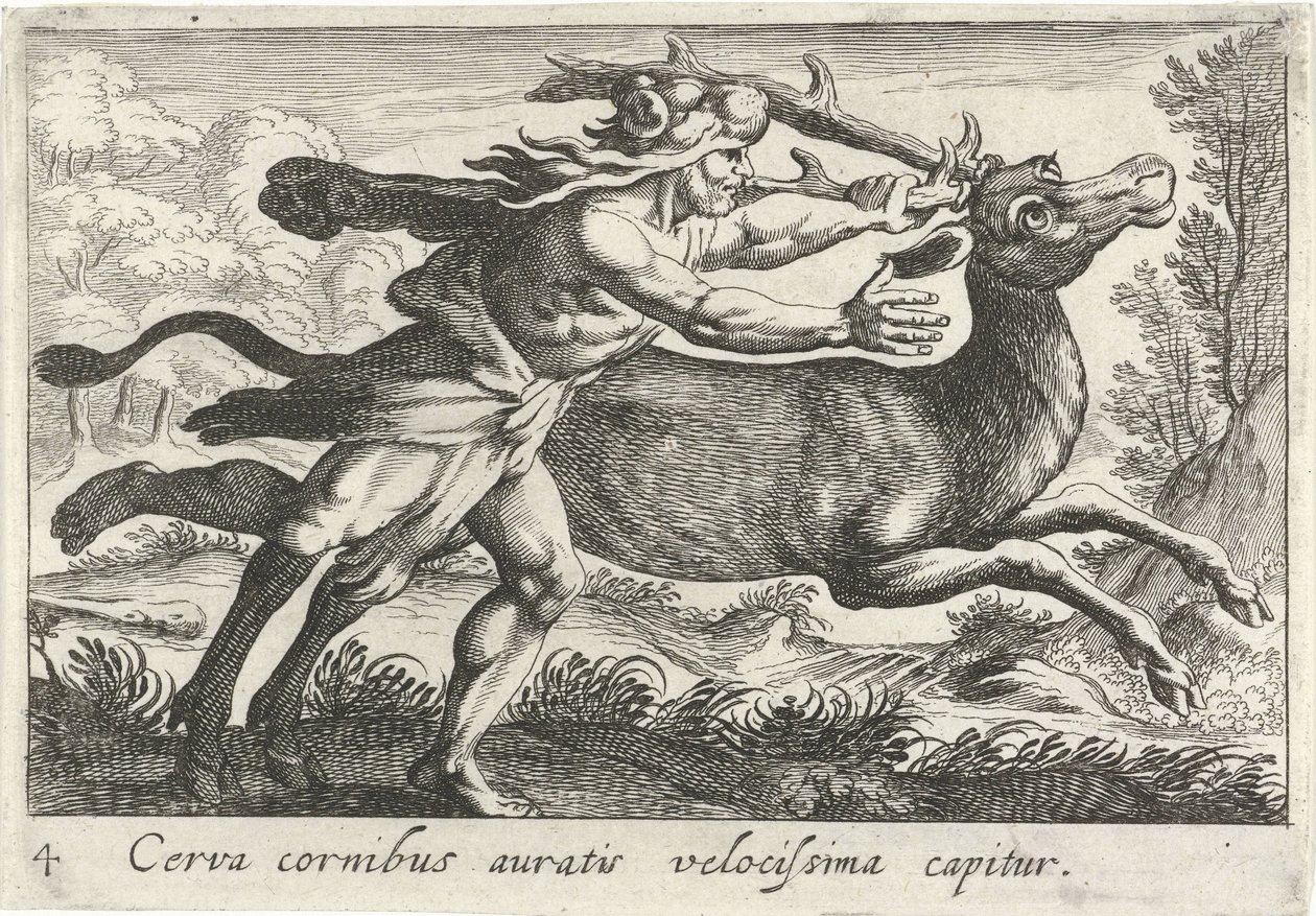 Hercules vangt de Hind van Cerynea En hjort med gullhorn fanges veldig raskt (tittel på objekt) Herculische temaer (serietittel) av Simon Frisius