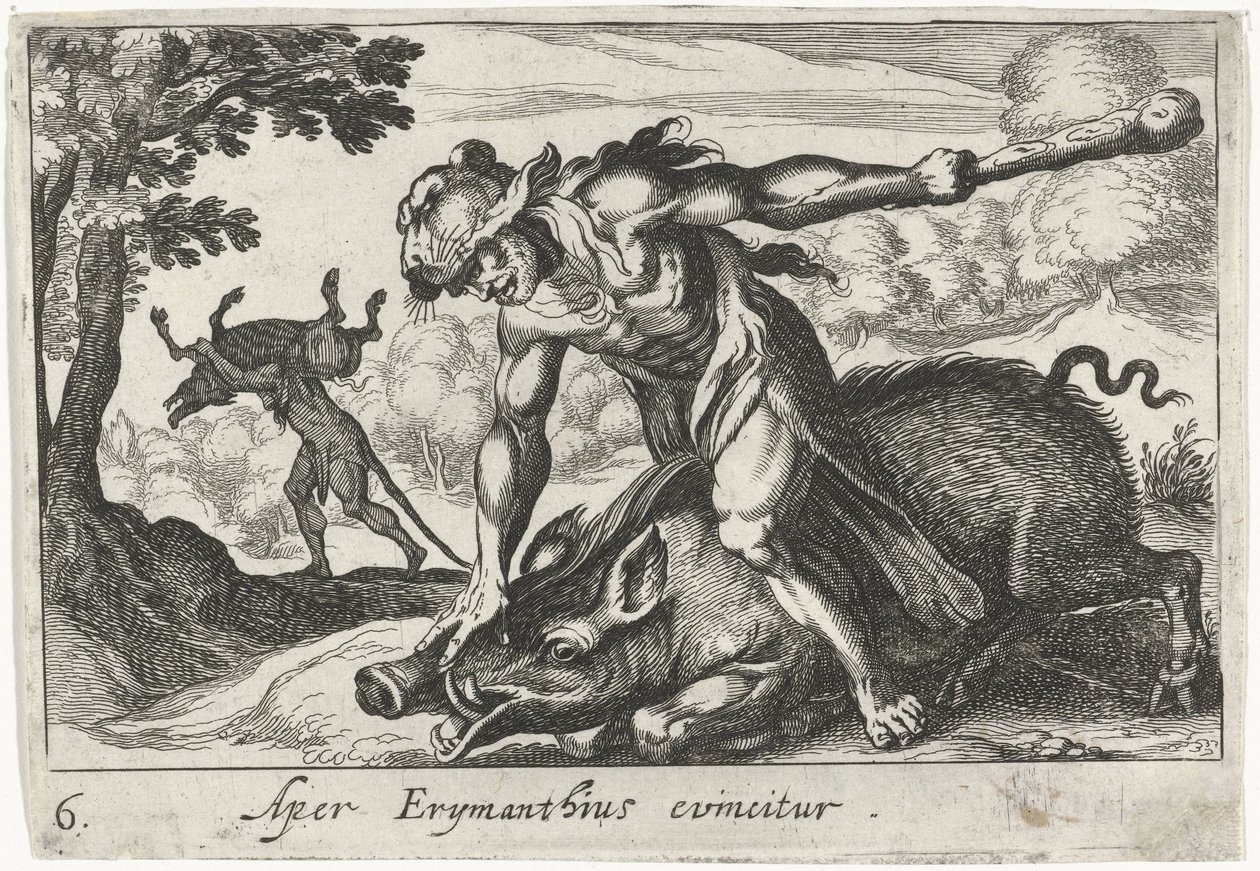 Hercules fanger svinene til Erymanthus Aper Erymanthius evincitur (tittel på objekt) Herculean Themes (serietittel) av Simon Frisius
