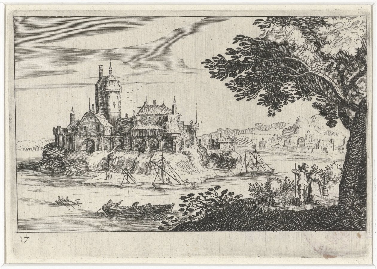 Kupert landskap med et slott på en øy Søreuropeiske landskap (serietittel) Topographia variarum regionum (serietittel) av Simon Frisius