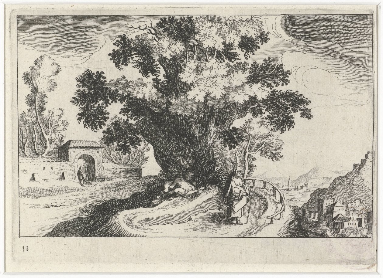 Kupert landskap med å elske under et tre Sør-europeiske landskap (serietittel) Topographia variarum regionum (serietittel) av Simon Frisius