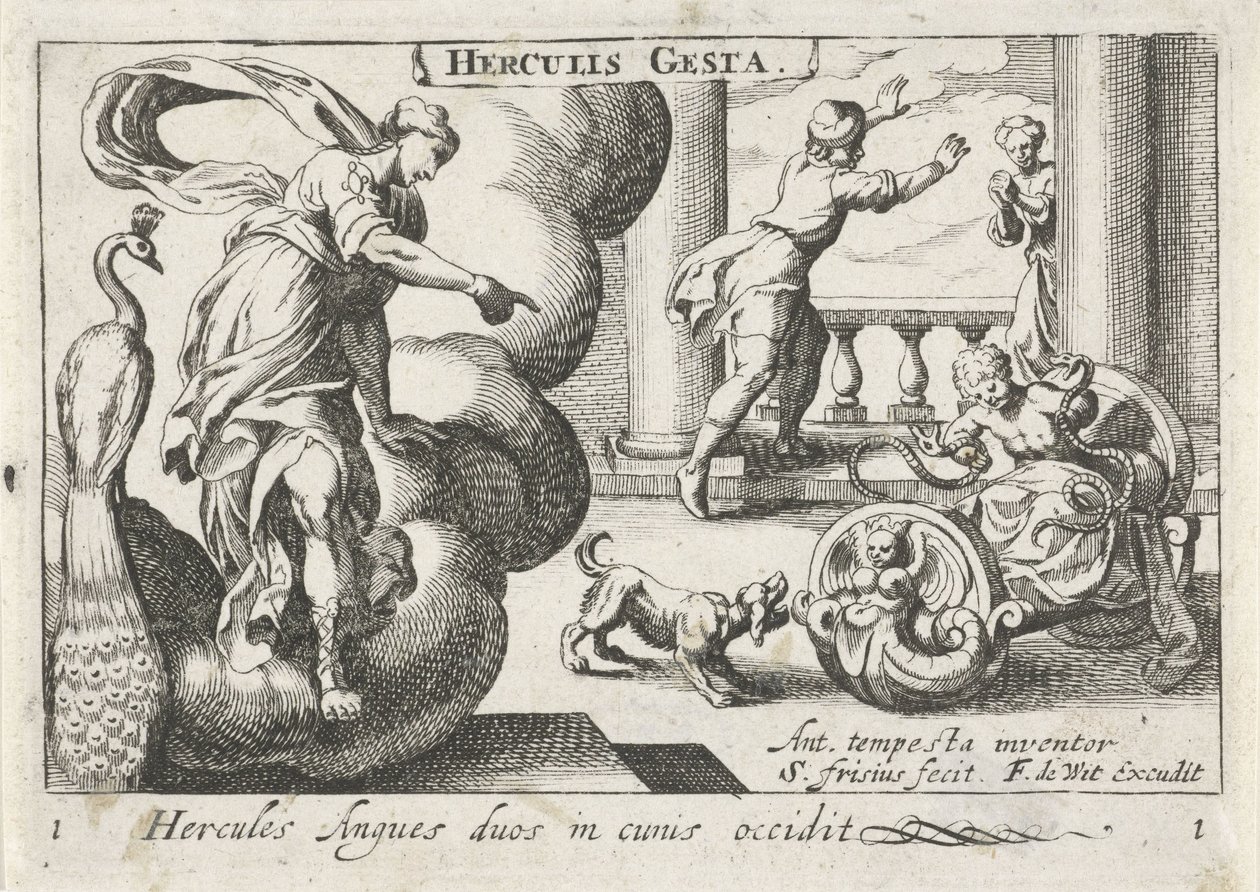 Jonge Hercules wurgt twee slangen Hercules dreper to slanger i vuggene deres (tittel på objekt) Herculische temaer (serietittel) Hercules (serietittel på objekt) av Simon Frisius