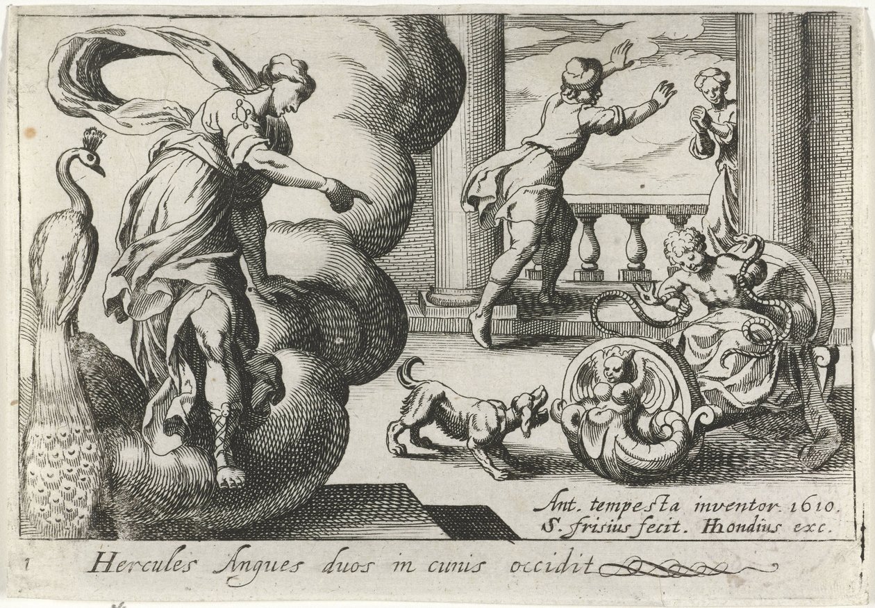 Jonge Hercules wurgt twee slangen Hercules dreper to slanger i vuggene deres (tittel på objekt) Herculische temaer (serietittel) av Simon Frisius
