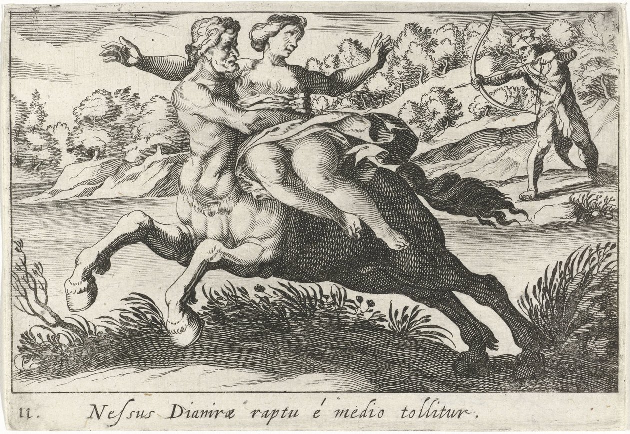 Nessus prøver å riste Deïanira te Båndet til Dianira er fjernet fra midten (tittel på objekt) Herculische temaer (serietittel) av Simon Frisius