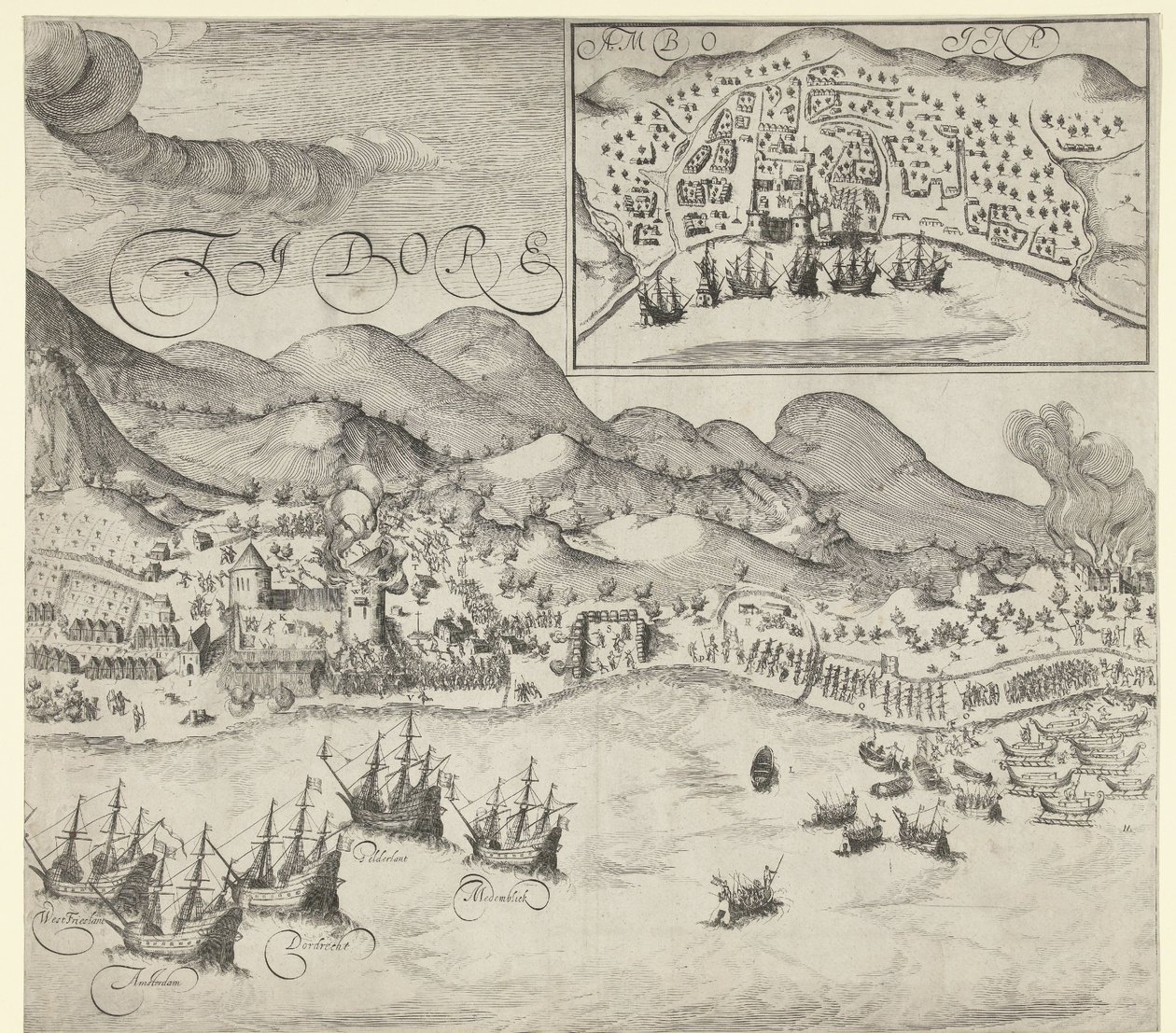 Hollenderne seirer over portugiserne på Tidore (høyre bilde), 1605 av Simon Frisius