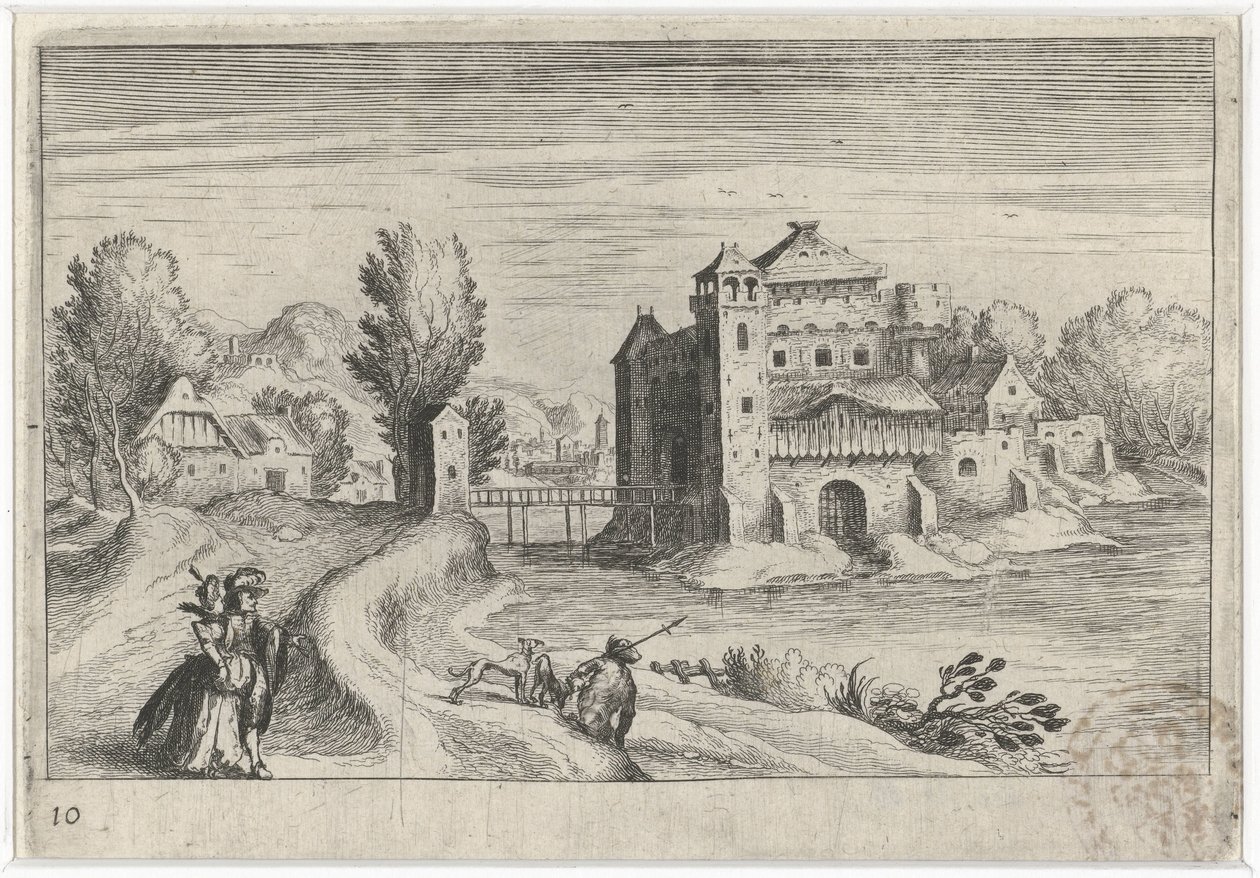 Elvelandskap med et slott Sør-europeiske landskap (serietittel) Topographia variarum regionum (serietittel) av Simon Frisius