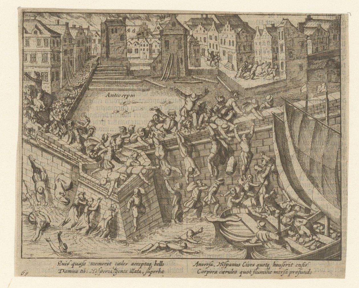 Den spanske furien: Innbyggerne flykter ut i Schelde-elven, 1576 av Simon Frisius