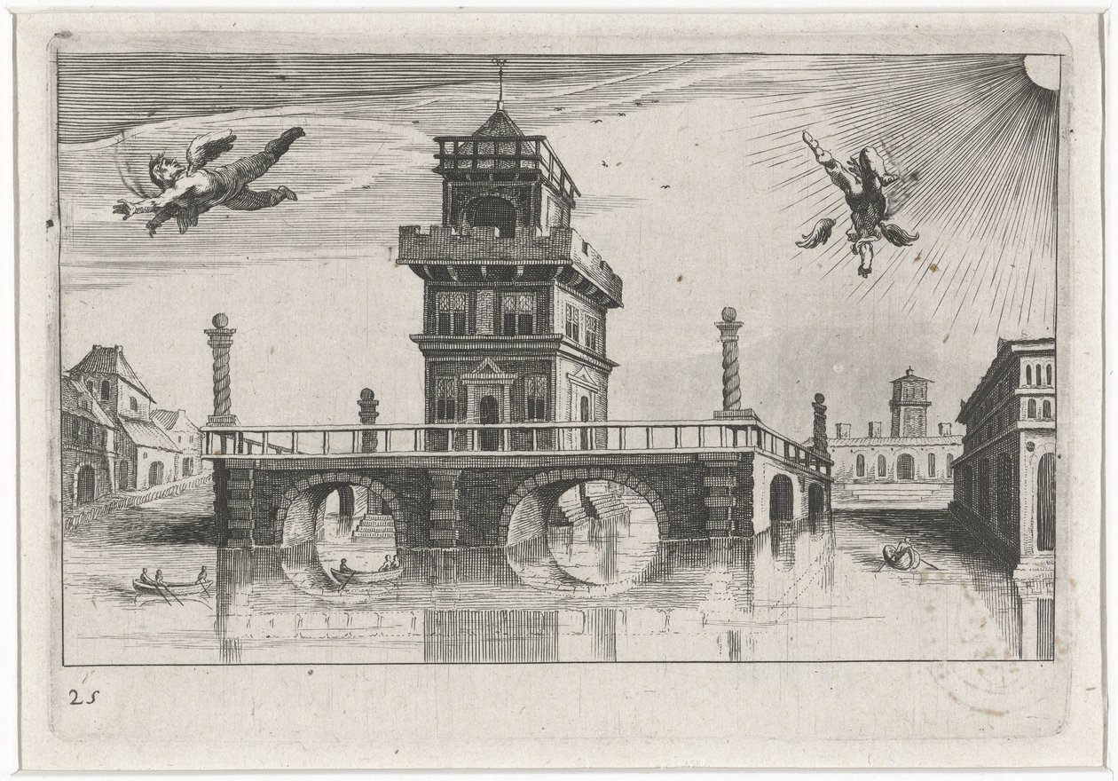 Bybilde med Ikaros og Daedalus Sør-europeiske landskap (serietittel) Topographia variarum regionum (serietittel) av Simon Frisius