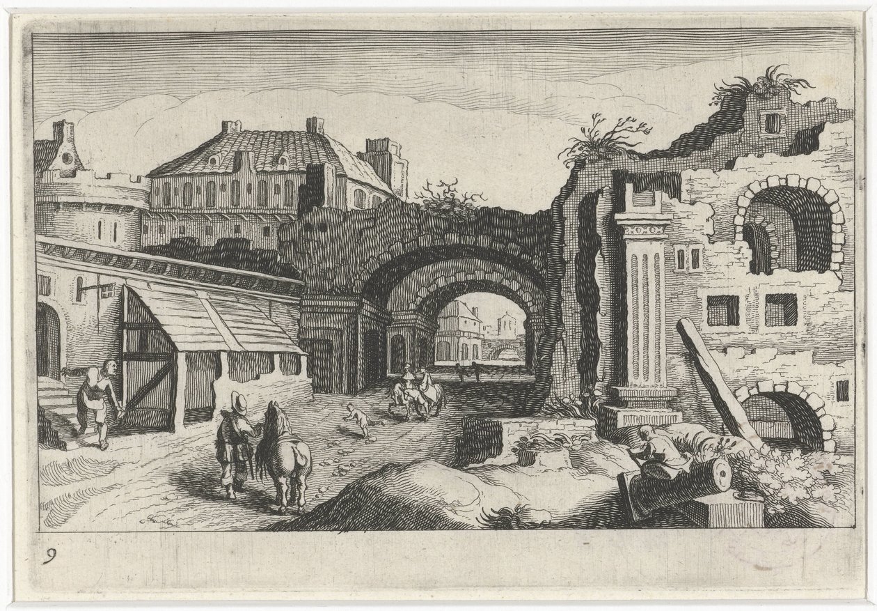 Bybilde med en ruin Sør-europeiske landskap (serietittel) Topographia variarum regionum (serietittel) av Simon Frisius