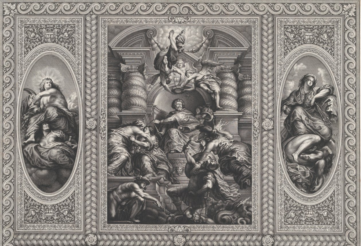 James I utnevner Charles til konge av Skottland i sentrum, Minerva var med på uvitenhet ved ri..., 1720. av Simon Gribelin